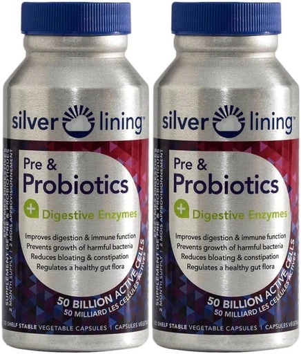 [BRSROAAYPMIBYCAU] Silver Lining Pre & Probiotics + Digestive Enzymes | 50 Billion CFU/Active Cells | Digestive & Immune Function Support, Reduces Bloating | Shelf-Stable Formula | 240 Count (Pack of 2)