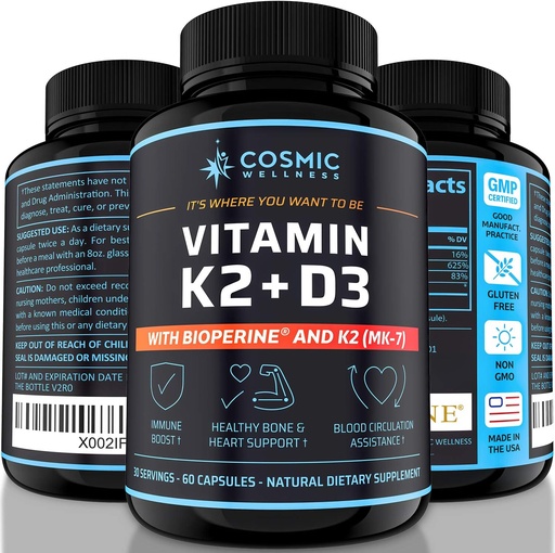 [BRSWYZIHOIIWOG3F] K2 D3 Suplemento de vitamina 5000 Iu - para ósos máis saudables, sangue, corazón e mellor inmunidade - Absorción de calcio mellorada con bioperina - 100% natural e sen alérxenos - Vitamina D3 K2 Mk7 5000 Iu