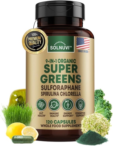 [BRSRAAA6A4CQYHLZ] Organic Super Greens Superfood Capsules Papildinājums - Spirulina, Chlorella, Whatgrass, Kale Powder, Sulforaphane, Antioksidanti - Gut Health, Gremošanas, Enerģija, Immunity Support - 120 Vegan Kapsulas