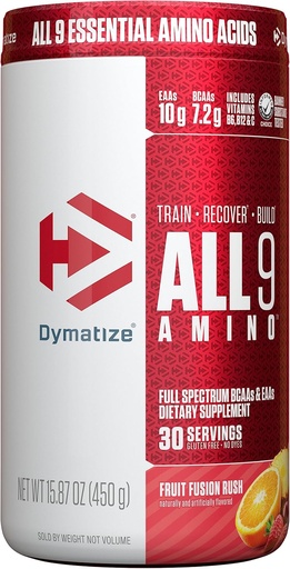 [BRSWGEICAR6QG23V] Dymatize All9 Amino, 7.2g of BCAAs, 10g of Full Spectrum Essential Amino Acids Per Serving for Recovery and Muscle Protein Synthesis, Fruit Fusion Rush, 30 Servings, 15.87 Ounce