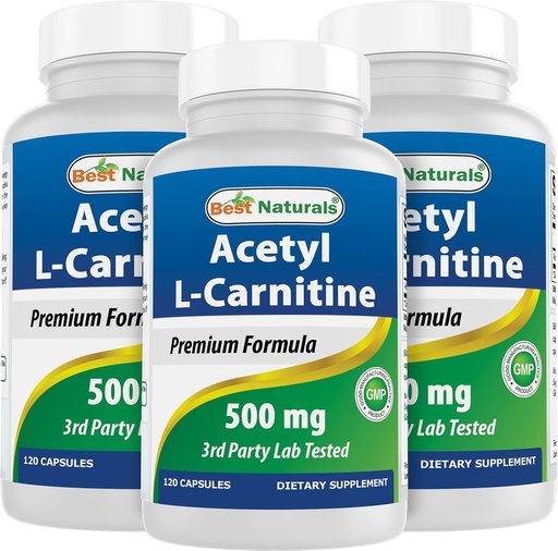 [BRSWIEADAQPQCFA3] Best Naturals Acetyl L-Carnitine (ALCAR) 500mg, 120 Capsules, 120 Servings - Non-GMO and Gluten Free, 1 Capsule per Serving (3 Pack)
