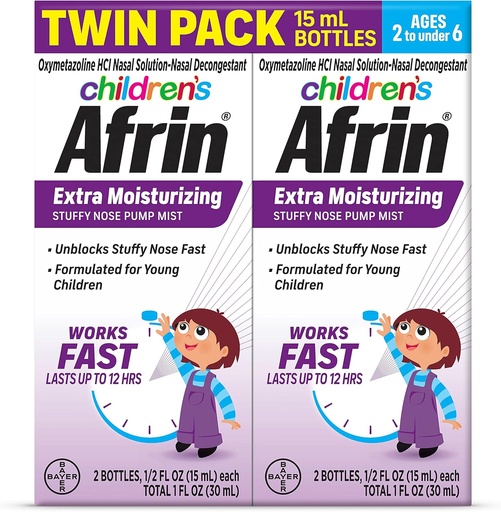 [BRSRMGQKAAPQO2TP] Afrin Children's Extra Moisturizing Nasal Mist, Non-Drowsy, Fast-Acting Decongestant for up to 12 Hour Stuffy Nose Relief, Children Ages 2 to 6, .5 fl oz (Pack of 2)