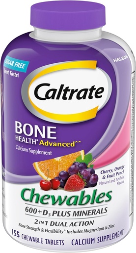 [BRSWIYYADJ4WOFIV] Caltrate Chewables 600 +D3 Plus Minerals Calcium and Vitamin D, Sugar Free, Cherry, Orange and Fruit Punch, 155 count