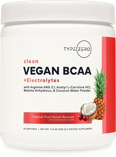 [BRSRO2QYB4FA4AL6] Type Zero Ultra Clean Vegan BCAA Powder + Electrolytes (Tropical Fruit Punch | 6G) 2:1:1 Sugar-Free/No Sucralose BCAAs Amino Acids Supplement - BCAA Vegan Amino Acids After Workout Drink, 30 Servings