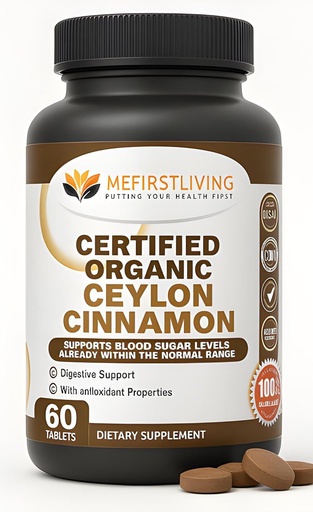 [BRSWYHDRA4IWEF36] Me First Living Ceylon Cinnamon 1000mg, 100% Certified Organic Ceylon Cinnamon, Non-GMO, True Cinnamon, Metabolism Support, Antioxidant - 60 Tablets