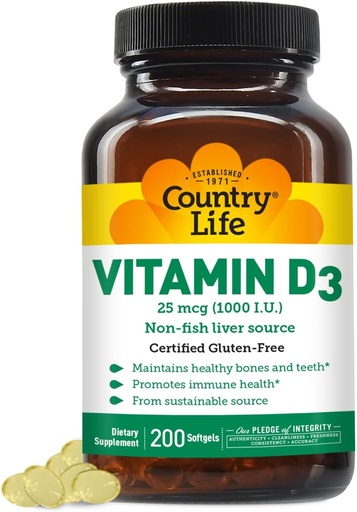 [BRSWIZYKOV6BMDTI] Country Life Vitamin D3 1000 IU měkké gely, velký, 200 sg, 200 Počet