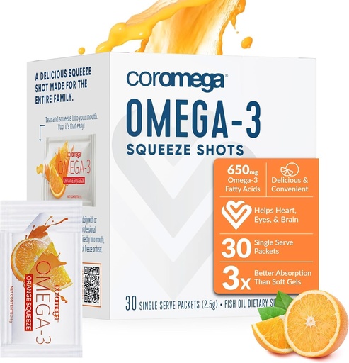 [BRSWIYQ7DN5BUCYV] Coromega Omega 3 鱼油补充剂,650毫克Omega-3,配有3X 更好的吸附剂Than Softgels,橙色Flavor,30 单服务挤压包