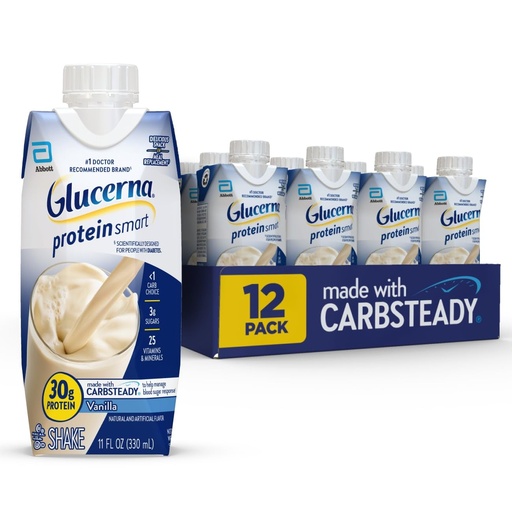 [BRSWYCYHOUOWMCT2] Glucerna Protein Smart Diabetes Care Shake, Vanilla, Diabetic Meal Replacement to Support Blood Sugar Management, 30g Protein, 150 Calories, Ready to Drink, 11-fl-oz Bottle, 12 Pack