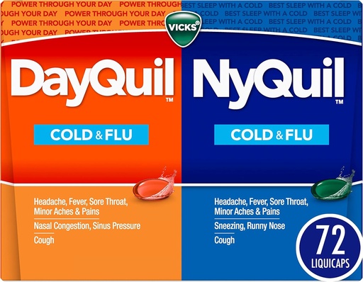 [BRSWIZLQOUDR22D4] Vicks DayQuil & NyQuil Co-Pack, Cold & Flu Медицина, Потужний багато-Symptom Daytime & Nighttime Relief для головного болю, Fever, Sore Throat, Minor Aches & Біль, & Cough, 72ct