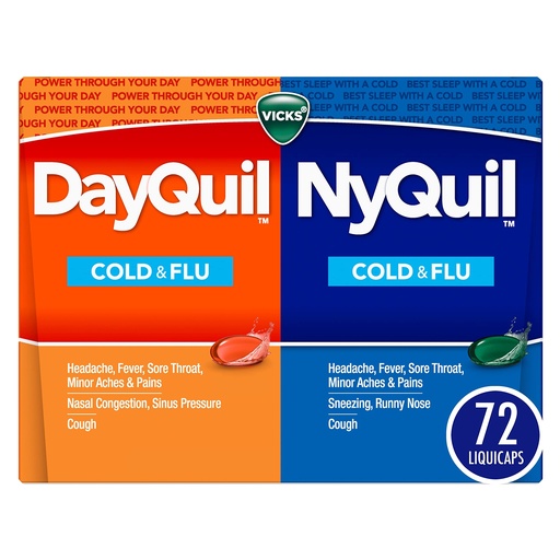 [BRSWIZLQOUDR22D4] Vicks DayQuil & NyQuil Co-Pack, Cold & Flu Medicine, Powerful Multi-Symptom Daytime & Nighttime Relief for Headache, Fever, Sore Throat, Minor Aches & Pains, & Cough, 72ct