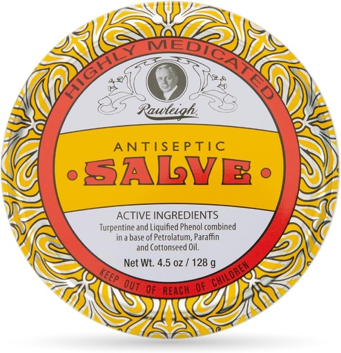 [BRSRMFQOBAGQMYLK] Rawleigh Antiseptic Salve Iconic Yellow Big Tin: 4.5 oz, Natural, Multi-Purpose Ointment Soothes Skin Cuts, Bruises, Irritations, with Turpentine, Phenol, Cottonseed Oil, Original Formula - Pack of 1