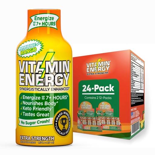 [BRSRAGL6C4FWYCYZ] Vitamin Energy Immune+ Extra Strength Energy Shot Mango 24 Pack, 260mg Natural Caffeine, B-Vitamins, Citicoline, Green Tea, Immunity & Focus Support, Zero Sugar, Gluten-Free 1.93 fl oz
