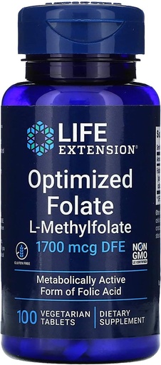 [BRSWKFQECYHR4HA3] 生命延长 优化 Folate L-Methylfolate 1000 mcg 蔬菜片 2 包装