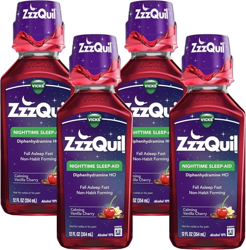 [BRSRAY35C4DRAG3L] ZzzQuil, Nighttime Sleep Aid Liquid, 50 mg Diphenhydramine HCl, No.1 Sleep-Aid Brand, Calming Vanilla Cherry Flavor, Non-Habit Forming, 12 FL OZ (Pack of 4)
