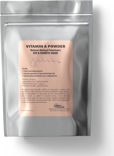 [BRSWYFACCFYRG2DO] Vitamin A Powder Retinyl Palmitate, Pure Retinol Powdered Vitamin Water Soluble Vitamin A USP & Cosmetic Grade (4 oz. / 113 Grams)