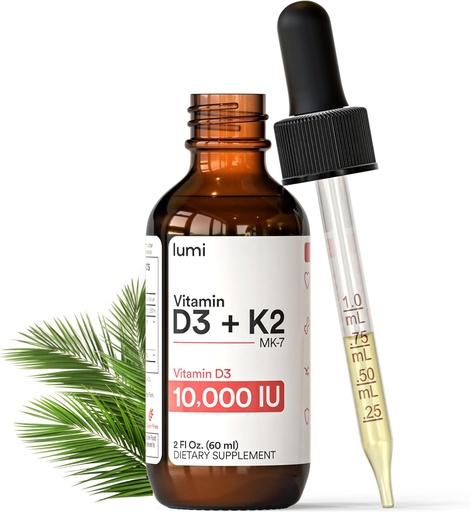 [BRSRAEL2DJ4BM33P] lumi Vitamin D3 K2 MK7 w Palm MCT Oil - 10000 IU D3, 200 mcg K2 MK7-60ml Liposomal Absorption Sublingual Liquid Drops - Non-GMO, Vegan, Unflavored Liquid - Monthly Supply - 2 Fl Oz