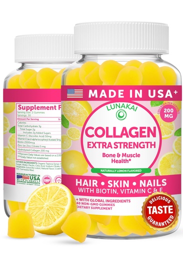 [BRSWYGQLOIFRY3LV] Lunakai USA Made Collagen Peptides Gummies - 200mg Non-GMO Anti-Aging Formula with Biotin, Zinc, Vitamins C & E for Hair, Skin and Nails, 60ct