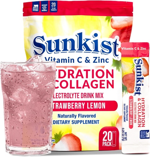 [BRSRA2Y5CV7GMYD6] Frozen Bean Sunkist Collagen Drink Mix - Hydration Strawberry Lemon Electrolyte Drink for Women with Vitamin C, Zinc, Collagen Peptides, Naturally Flavored - 20 Pack