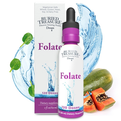 [BRSRMFAPCMFWME3O] Buried Treasure Folate Drops - Methylated B-9 (Calcium L-5 Methyltetrahydrofolate), Supports Energy Production, Heart Health, and Pregnancy, 5-MTHF Supplement Vegan Safe, 120 Servings