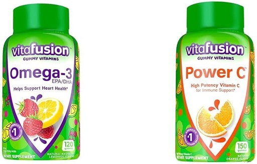 [BRSRAZTYOJ6BUYI3] Vitafusion Omega-3 Berry Lemonade Heart Health Gummies 120 Count and Orange Flavored Vitamin C Gummies for Immune Support 150 Count