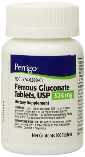 [BRSWIYQOAAORWYDY] Ferrous Gluconate Tablets, 324mg, 100 Count