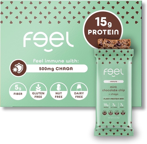 [BRSROHYBDMPRQ3D5] Feel Vegan Protein Bars | Mint Chocolate Chip | Keto | Gluten Free | Organic | Chaga Mushroom | 15g Plant Protein | Low Carb | High Protein | Dairy Free | Low Sugar | Grain Free | Nut Free | Soy Free