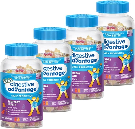 [BRSWKGYIBIDQME3U] Beneficios Digestivos Niños Sabores de Frutas Naturales Gummies Probióticos para Niños Bloating Ocasional, Menor Descomfort Abdominal & Gut Health, 60 Conteo Gummies (4 Pack)