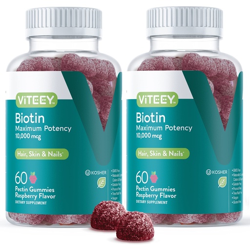 [BRSWYHQEAQPQ22AY] Viteey Biotin Gummies for Hair Skin and Nails - Biotin for Hair Growth Gummies - 10,000 mcg - Vegan, Gluten-Free, Non-GMO – 120 Count