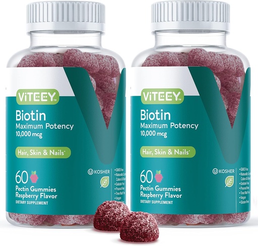 [BRSWYHQEAQPQ22AY] Viteey Biotin Gummies for Hair Skin and Nails - Biotin for Hair Growth Gummies - 10,000 mcg - Vegan, Gluten-Free, Non-GMO – 120 Count