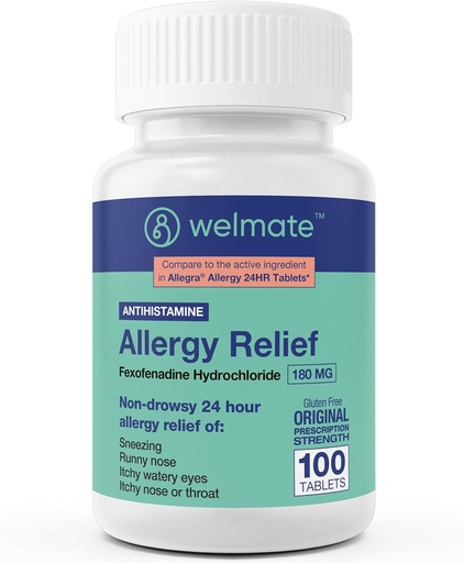 [BRSW2YLQB4CAAC3G] WELMATE - Alergia Alívio - Fexofenadina HCl 180 mg - 24 horas anti-histamínico não-drowsy - espirros - Nariz Runny - Comichão olhos, nariz & garganta - Alergia alívio comprimidos - 100 contagem