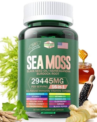 [BRSROAI2CQCGCADA] Sea Moss 12000mg Black Seed Oil 6000mg Ashwagandha 3000mg Turmeric 1000mg Bladderwrack 2000mg Burdock 3000mg & Vitamin C & D3 with Elderberry Manuka Dandelion Yellow Dock Iodine Chlorophyll ACV