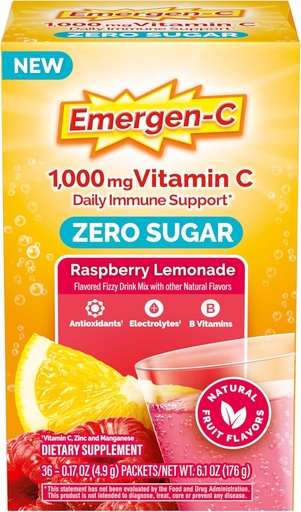 [BRSROCTRCJ6RSELG] Emergen-C Zero Sugar 1000 mg Vitamine C Poeder voor dagelijkse Immune Support Cafeïnevrije vitamine C Supplementen met zink en Mangaan, B Vitaminen en Elektrolyten, Raspberry Limonade Smaak - 36 Tellen