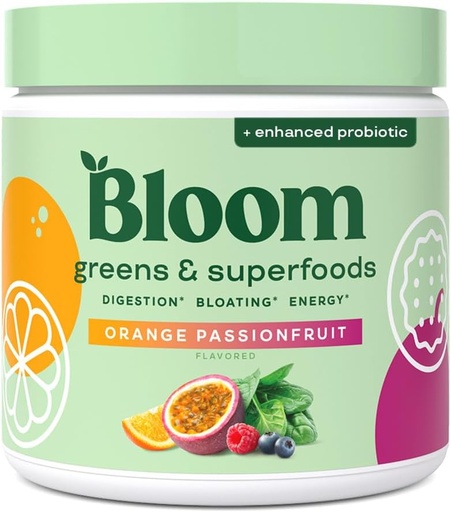 [BRSROGAROIAR63A7] Bloom Nutrition Superfood Greens Powder, Digestive Enzymes with Probiotics and Prebiotics, Gut Health, Bloating Relief for Women, Chlorella, Juice Mix w/Beet Root Powder, 30 SVG, Orange Passionfruit