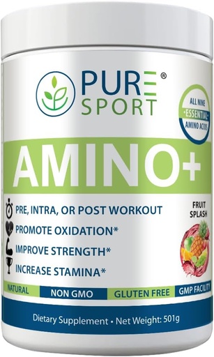 [BRSRMA36CMPAOFL7] PURE Amino+ Μείγμα ποτών, Φρούτα Splash, 9 Essential Amino Acids, L-αργινίνη, L-Citrulline, 501g, 30 Servings, Premium Συμπλήρωμα ευεξίας