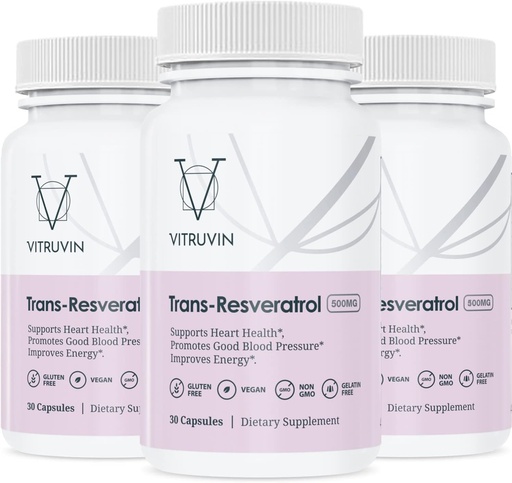 [BRSROYANOR5QEH3Z] Vitruvin Trans-Resveratrol 500mg, 3 Bottles Pack, Vegan, Non-GMO, Gluten-Free, Gelatin-Free.