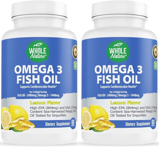 [BRSRMYIRO4MQ4HY6] Omega 3 Visoliesupplementen, maximale sterkte 2400 mg Omega-3, 1440mg Visolie, EPA en DHA Vetzuren, Hart, Hersenen & Immune Ondersteuning voor vrouwen en mannen. Natuurlijke citroen smaak, 120ct (2)