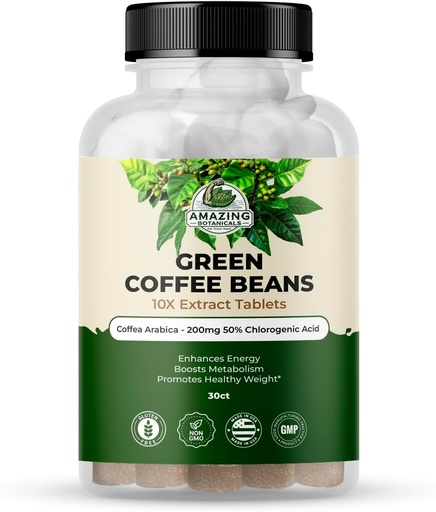 [BRSRA23RBUIBE3DU] Amazing Botanicals Green Coffee Bean Extract Tablets - Coffea Arabica - 200mg 50% Chlorogenic Acid - 30 Count