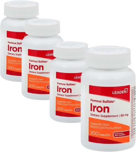 [BRSWYEIFCQORMA3Z] Leader Ferrous Sulfate 65MG Tablets 200 Ct. Iron Supplement for Energy & Vitality