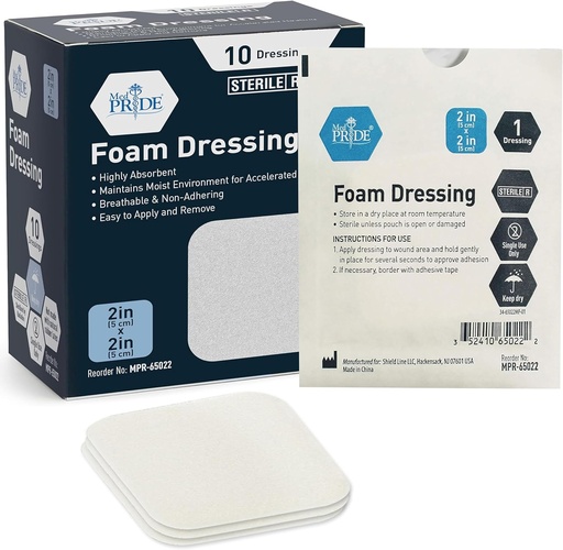[BRSWGBARBEJRG3L7] MED PRIDE Sterile Foam Dressings for Wounds, Soft Absorbent Non-Adhesive Waterproof Medical Foam Padding for Ulcers, Injuries (2x2 Inch (Pack of 10))