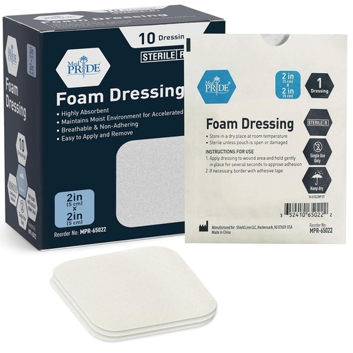 [BRSWGBARBEJRG3L7] MED PRIDE Sterile Foam Wound Dressings,Non-Adhesive,Waterproof,2x2 in,10-Ct