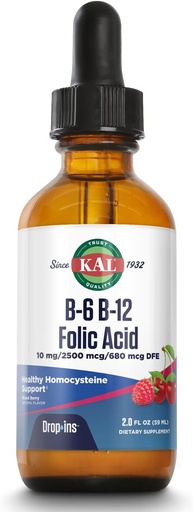 [BRSWIBD5AYDGAG3O] KAL Vitamina B-6 B-12 Acid folic DropIns, Liquid Vitamina B Supliment picături, Heart Health, Energie, Red Blood Support cu metil B12 și metil Folat, amestec naturale Berry Aroma, 59 Serviri, 2oz