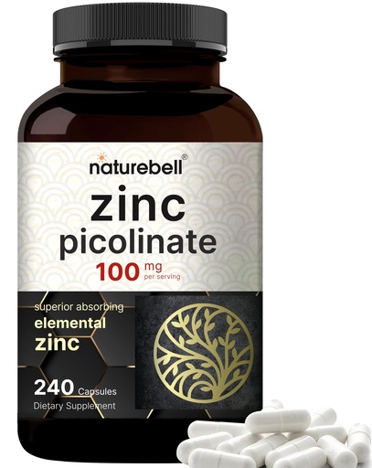 [BRSWGBAKOICGOCQ6] High Potency Zinc Picolinate 100mg - 240 Capsules, Bioavailable Form of Zinc for Immune Support and Skin Health - Non-GMO and Gluten