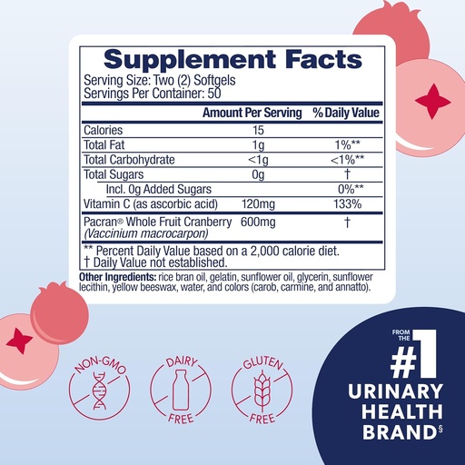 [BRSROFIBDMBBECTL] AZO Cranberry Pro Urinary Tract Health Supplement 600mg PACRAN, 1 Servering: Mer än 1 Glas av Cranberry Juice, Sugar Free Cranberry Pills, Non-GMO 100 Softgels (Pack of 2)