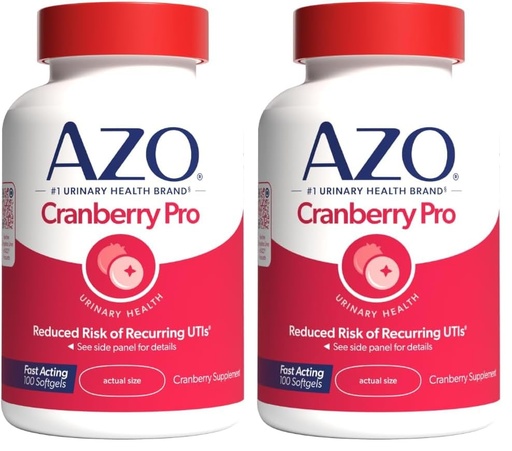 [BRSROFIBDMBBECTL] AZO Cranberry Pro Urinary Tract Health Supplement 600mg PACRAN, 1 Serving : More Than 1 Glass of Cranberry Juice, Sugar Free Cranberry Pills, Non-GMO 100 Softgels (Pack of 2)