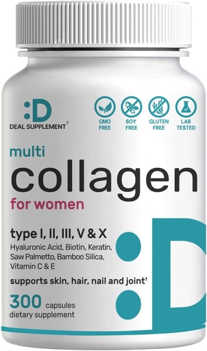 [BRSROYA6CMMQAF3A] Multi Collagen pills su vitaminu C, E & Biotinas, 300 Capsules - Hidrolizuotas Collagen Peptides - 11 į 1 Formulė su Saw Palmetto, Bambuko Silica, & Hyaluronic Acid - Plaukų, odos, Nagų, & Bendra sveikata