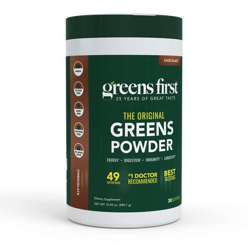 [BRSWKHY3OABRSCQ6] Greens First Original Greens Powder - 49 Superfoods - Organic Fruits & Veggies - Prebiotics, Probiotics & Digestive Enzymes - Antioxidant Smoothie - Dairy Free, Vegan, Non-GMO (Chocolate, 30 Servings)