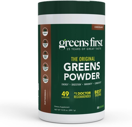 [BRSWKHY3OABRSCQ6] Greens First Original Greens Powder - 49 Superfoods - Organic Fruits & Vegies - Pregories, Progories & Digetical Enzymes - Antioksidant Smoothie - Dairy Free, Vegan, Non-GMO (Coklat, 30 Pelayan)