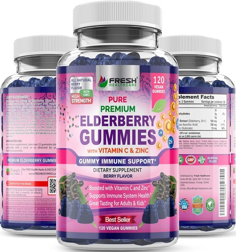 [BRSWYEA6DIJRAADO] FRESH HEALTHCARE Elderberry Gummies with Vitamin C, Zinc & Sambucus Elderberry 30:1 Extract - 100% Vegan - Immune Support for Adults & Kids - 120 Count Gummy Supplement