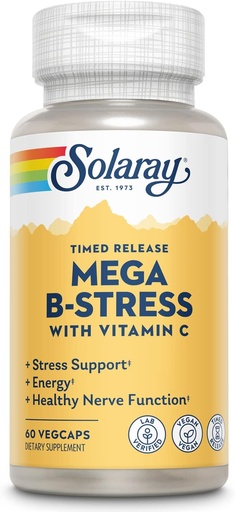 [BRSWI237B4JQOELU] SOLARAY Mega Vitamina B-Stress, Timed-Release Vitamina B Complexo com 1000 mg de vitamina C para estresse, Energia, Célula de sangue vermelho e apoio imunológico, 60 Dia de garantia, Vegan, 20 Servings, 60 VegCaps