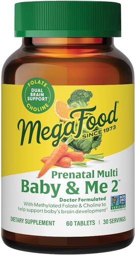 [BRSWKEIYOAGGAGDG] MegaFood Baby & Me 2 Prenatal Вітамін і мінерали - Вітаміни для жінок - з пілатом (Folic Acid Natural Form), Choline, залізо, йод, і вітамін С, Вітамін D і більше - 60 Таб (30 сервірування)